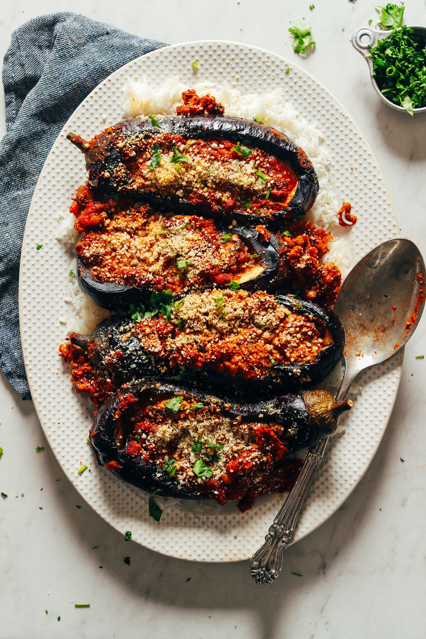 A platter full of Moroccan Lentil-Stuffed Eggplant on a bed of basmati rice for the perfect plant-based meal